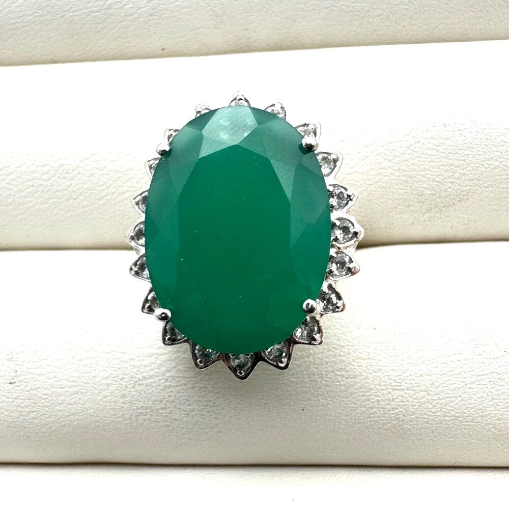 Oval Green Jade White Spinel Gemstone Statement Ring Sterling Silver Size 6 - Picture 4 of 6